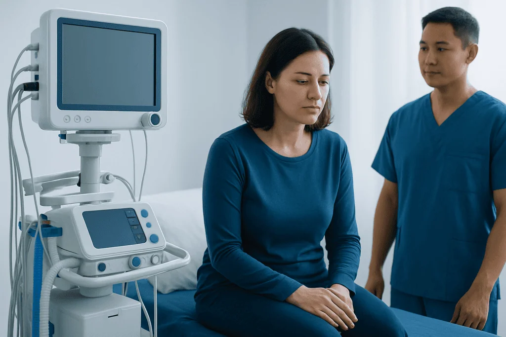 Patient in hospital bed with medical monitor and healthcare professional nearby.