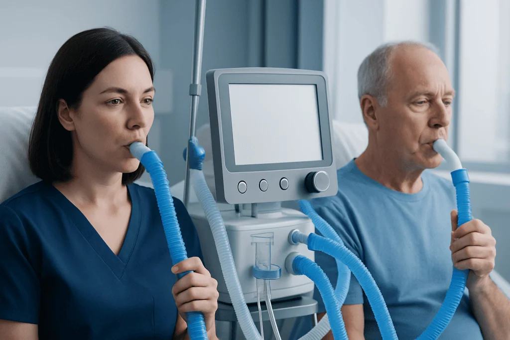 Doctors performing spirometry test to diagnose lung conditions at Acibadem Hospital.