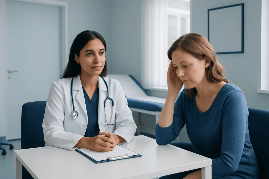 Female doctor consulting with a woman patient in a medical office.