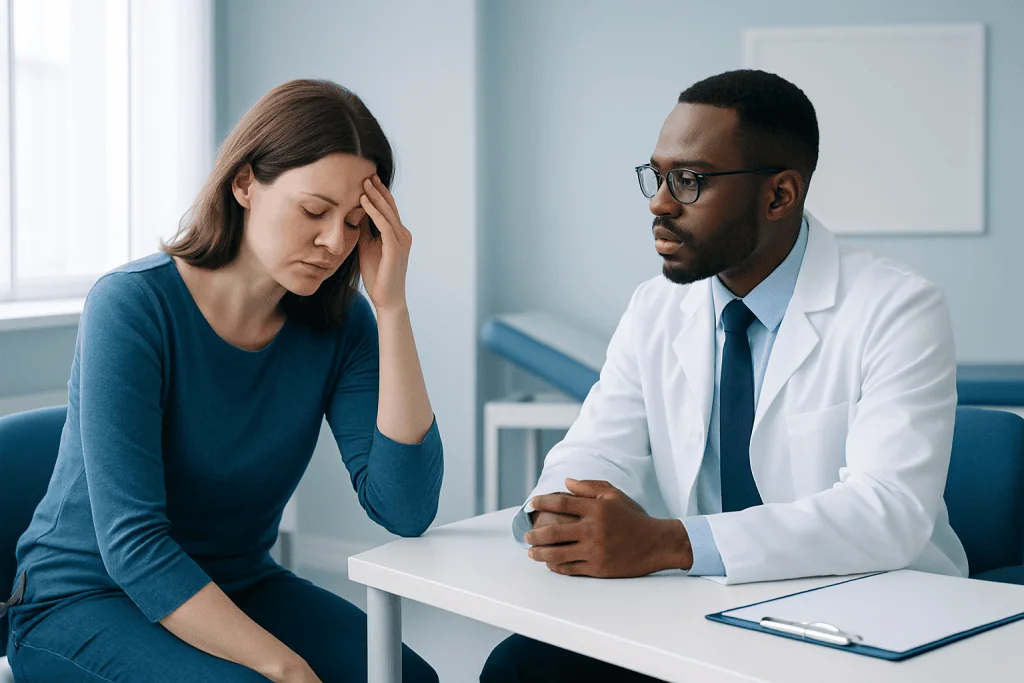 Woman experiencing headache consulting a doctor in a medical office.