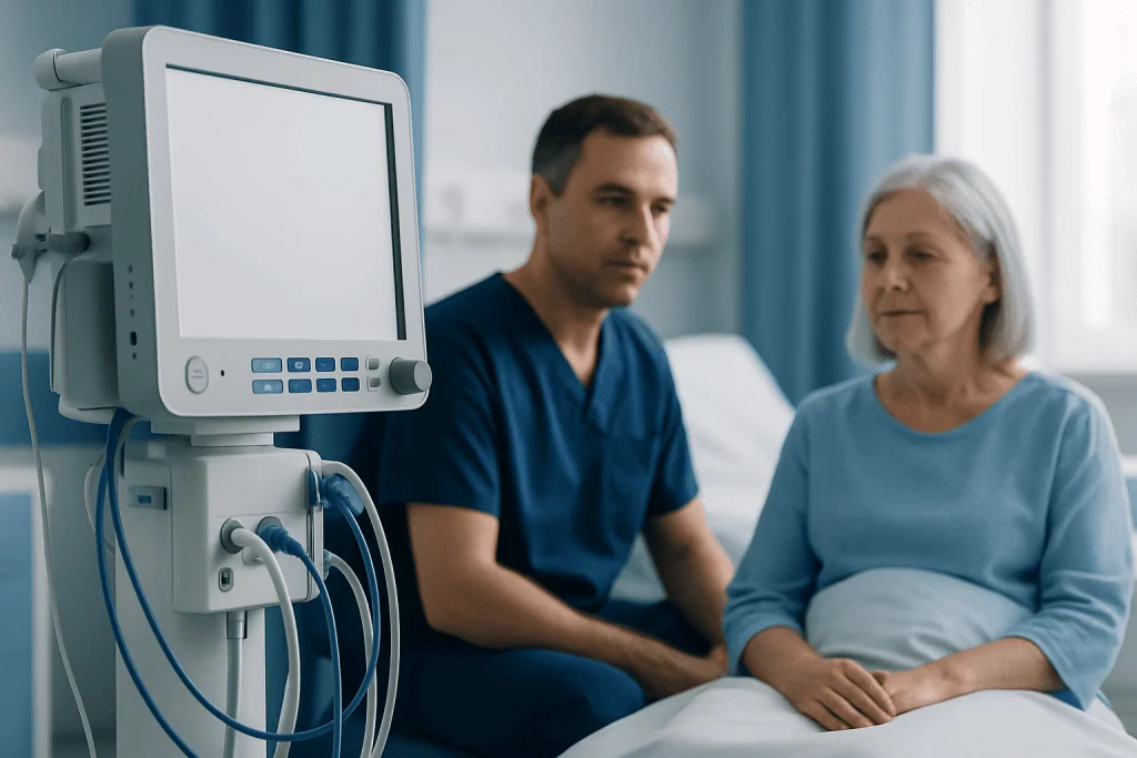 Huntington’s Disease Care Planning: What to Expect as Symptoms Progress 1 Medical professional with elderly patient in hospital room with monitoring equipment.