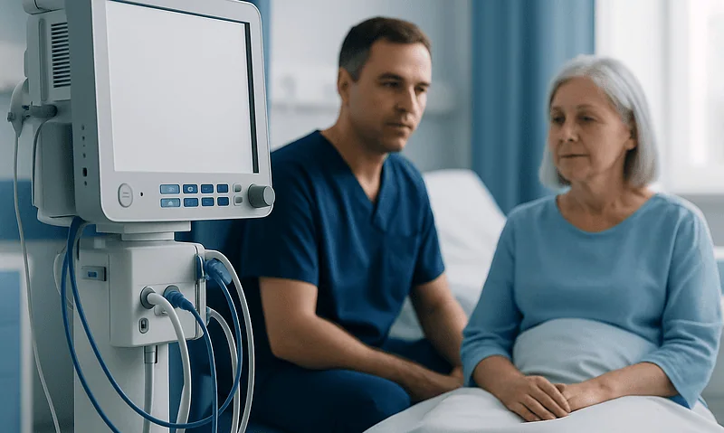 Medical professional with elderly patient in hospital room with monitoring equipment.