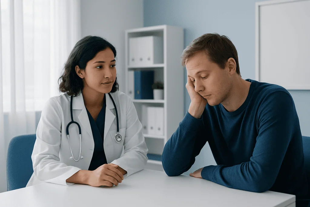 Doctor consulting with a patient about sleep issues in a clinical setting.