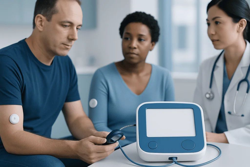 Doctor and patient using blood glucose monitor in a medical setting.
