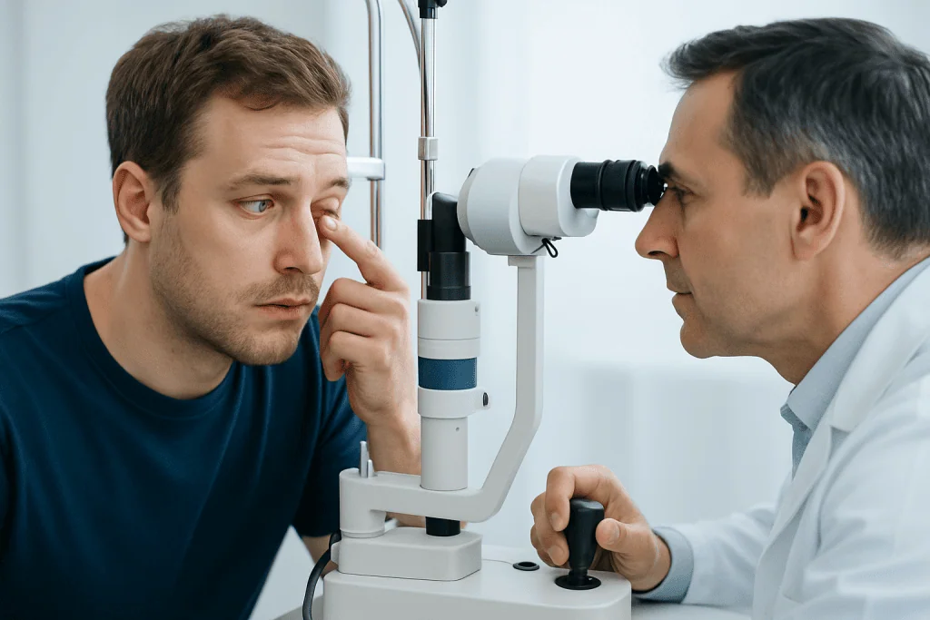 Optometrist examines patient's eye using slit lamp in clinic.