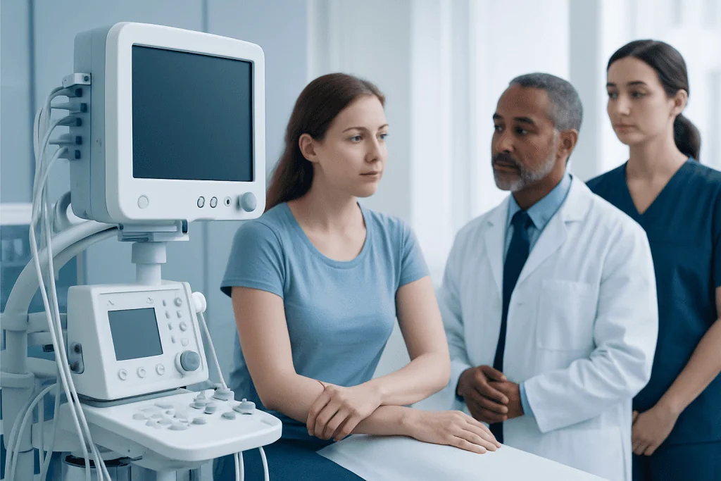 Patient undergoing medical examination with healthcare professionals in hospital.