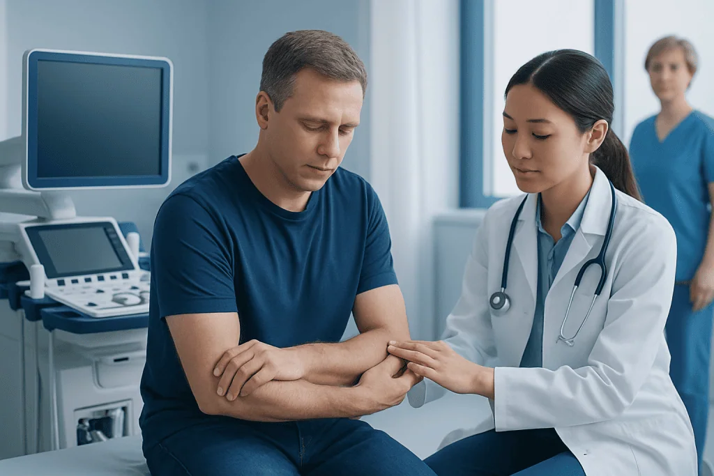 Doctor examining patient's arm for ulnar nerve issues in a hospital setting.
