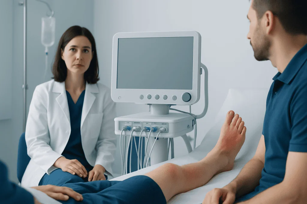 Doctor examining patient's foot with medical equipment in hospital.