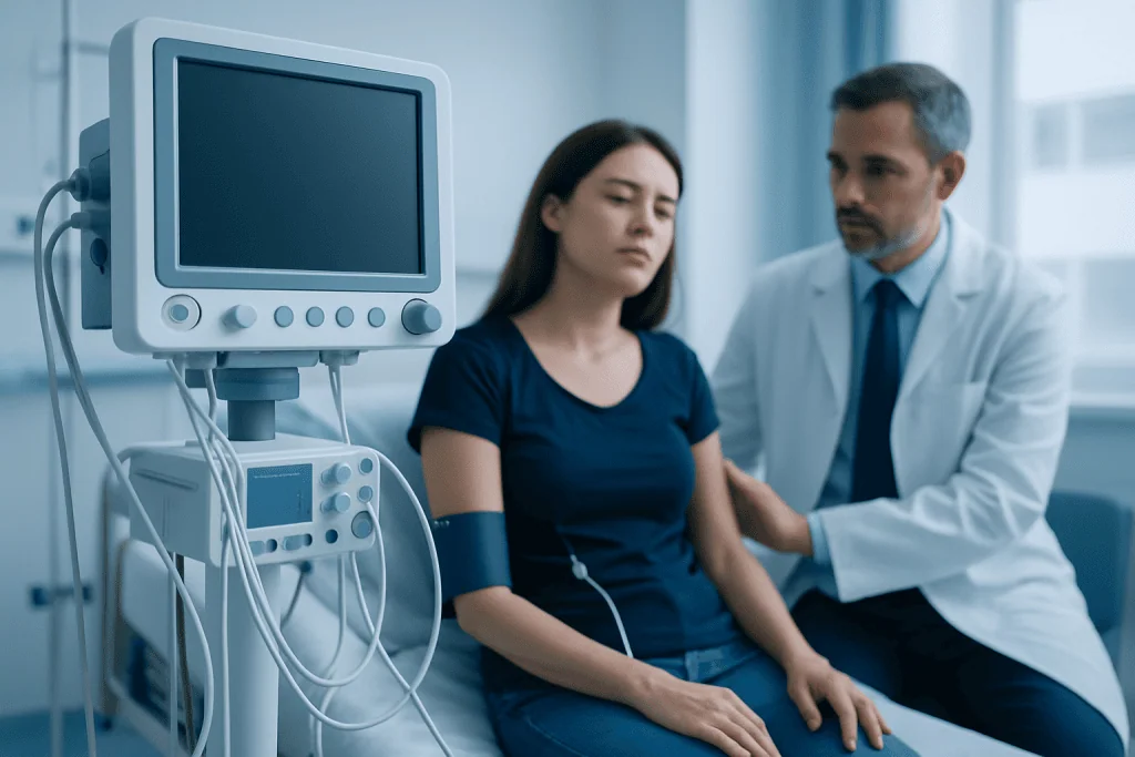 Patient undergoing medical examination in hospital setting with monitor and doctor.