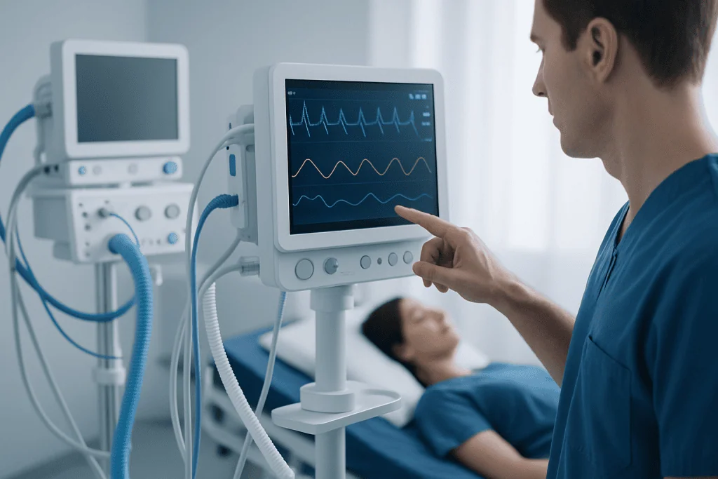 Medical professional monitoring patient with ECG in hospital setting.