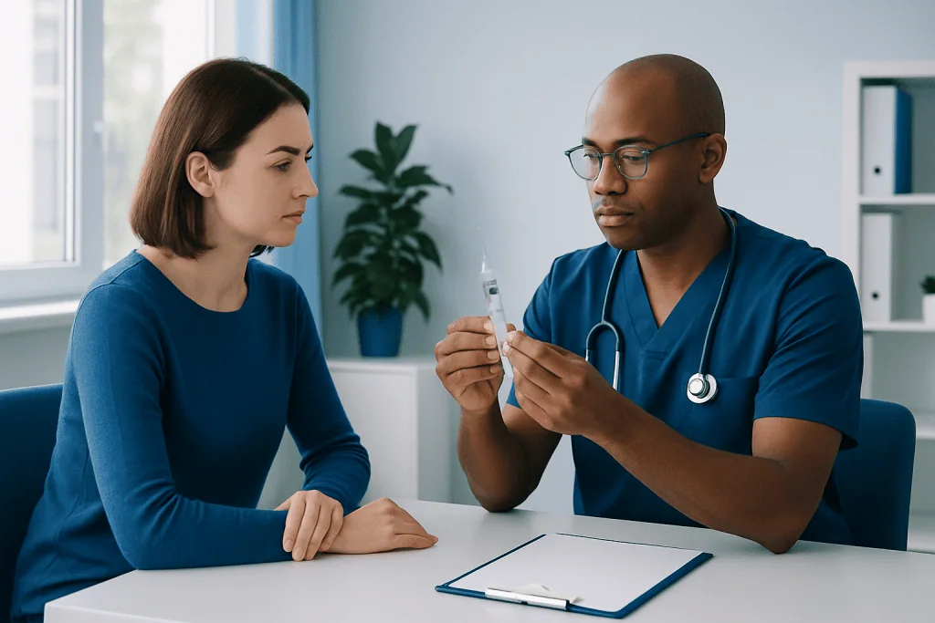 Healthcare professional preparing a syringe for patient in a clinical setting.