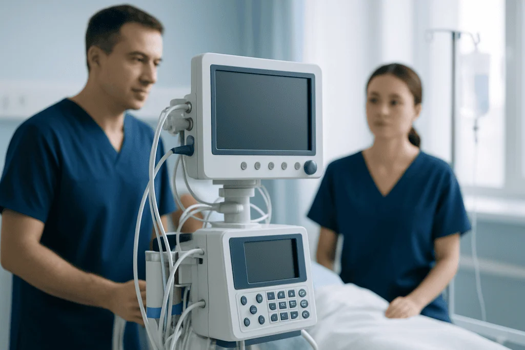 Medical professionals monitoring patient with advanced hospital equipment.