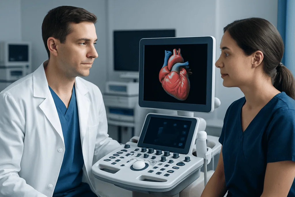 Medical professionals analyzing a heart on an ultrasound monitor at Acibadem Hospitals.