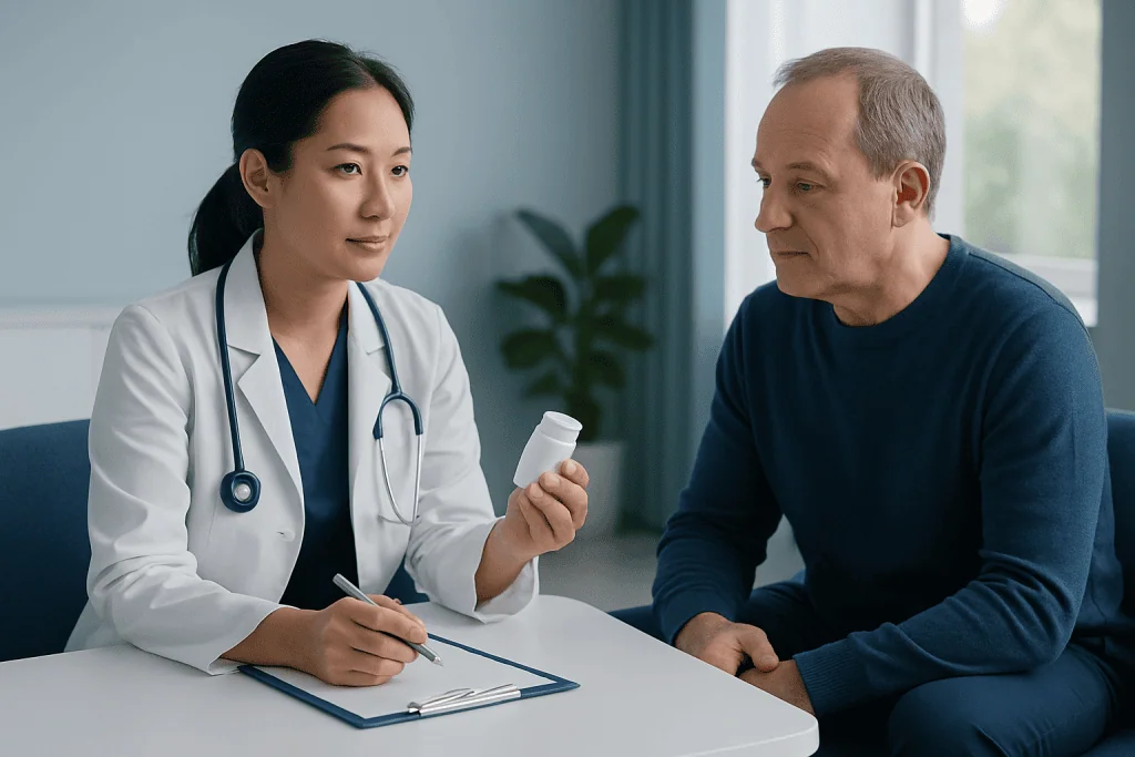 Doctor explaining medication to patient in a consultation room.
