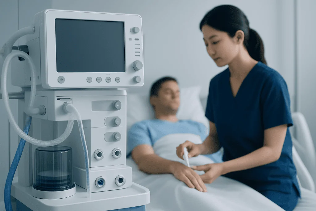 Nurse preparing medical equipment in a hospital room with patient.