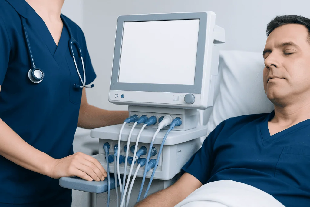 Medical professional performing ultrasound on male patient in hospital.