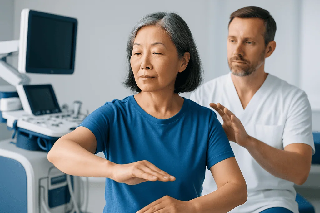 Doctor assisting elderly woman with Tai Chi exercise in clinic setting.