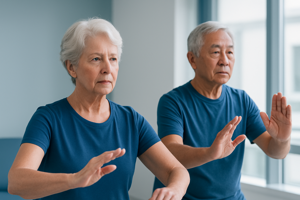 Elderly seniors practicing Tai Chi for health and balance.