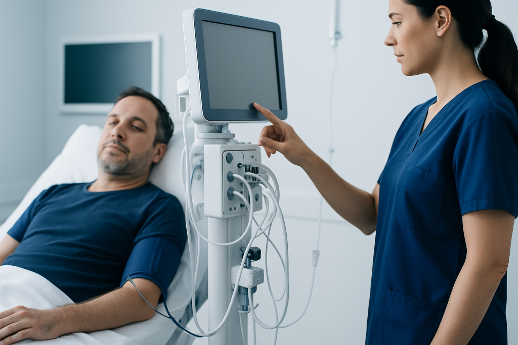 Medical professional monitoring patient during dialysis treatment at Acibadem Hospital.