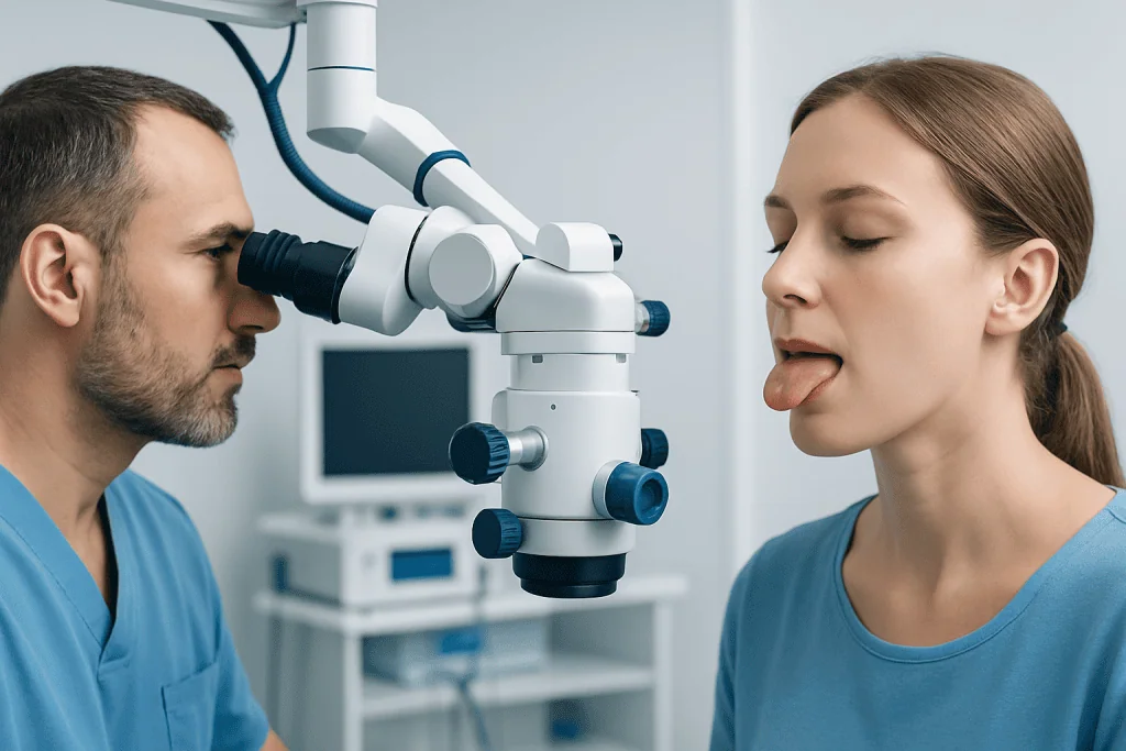 Doctor examining patient's tongue with a microscope in a medical setting.
