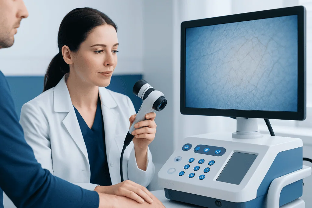 Dermatologist examining skin using a dermatoscope at Acibadem Hospital.