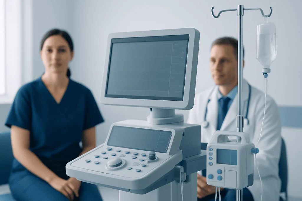 Medical professionals with ultrasound equipment in a hospital setting.
