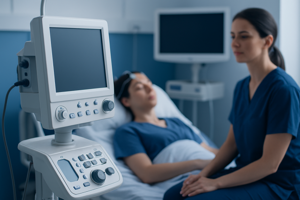 Medical professional monitoring patient in hospital room with medical equipment.