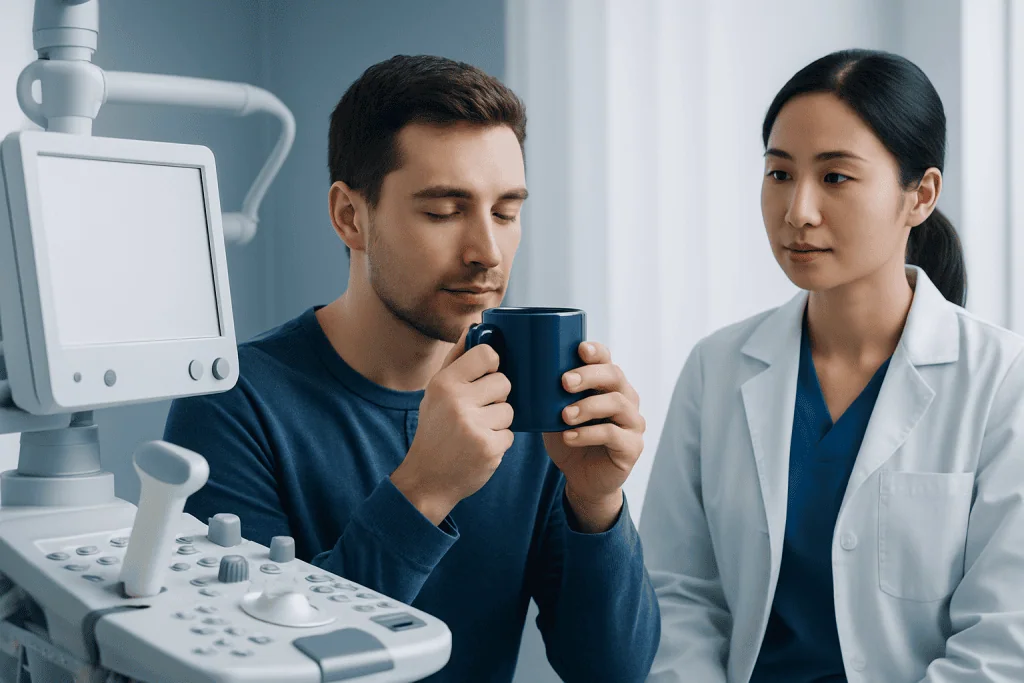 Patient drinking tea during medical consultation at Acibadem Hospital.