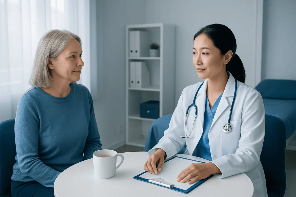 Doctor consulting with an elderly woman in a medical office setting.