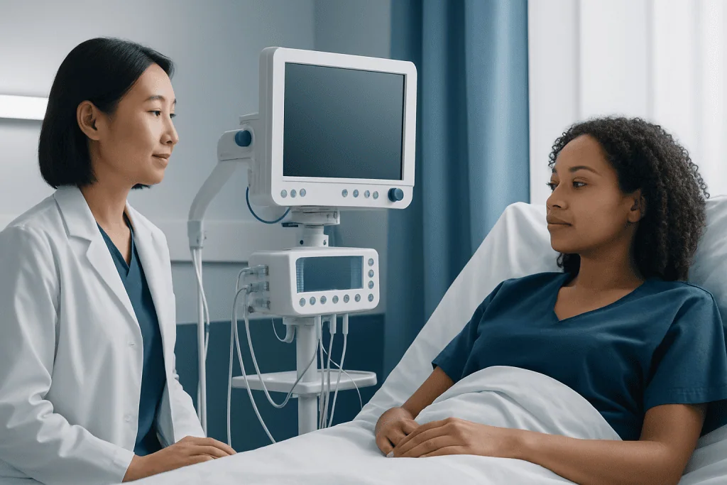 Doctor consulting patient in hospital room with medical monitors.