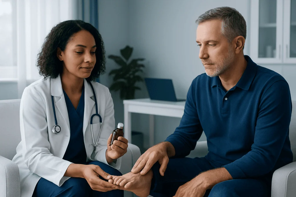 Doctor examining patient's hand in a medical consultation.