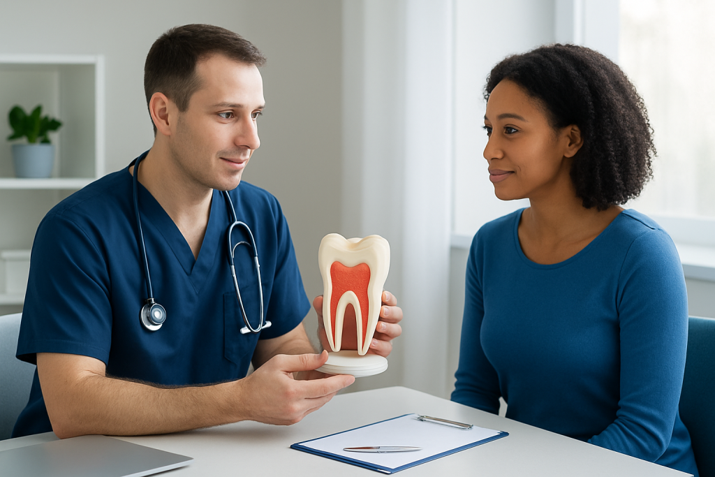 Dentist explaining tooth anatomy to a patient with a model of a tooth.