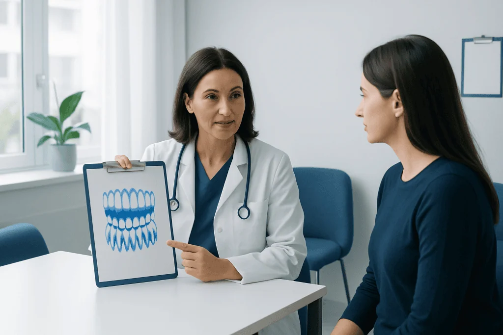Dentist explaining teeth anatomy to patient with dental chart.