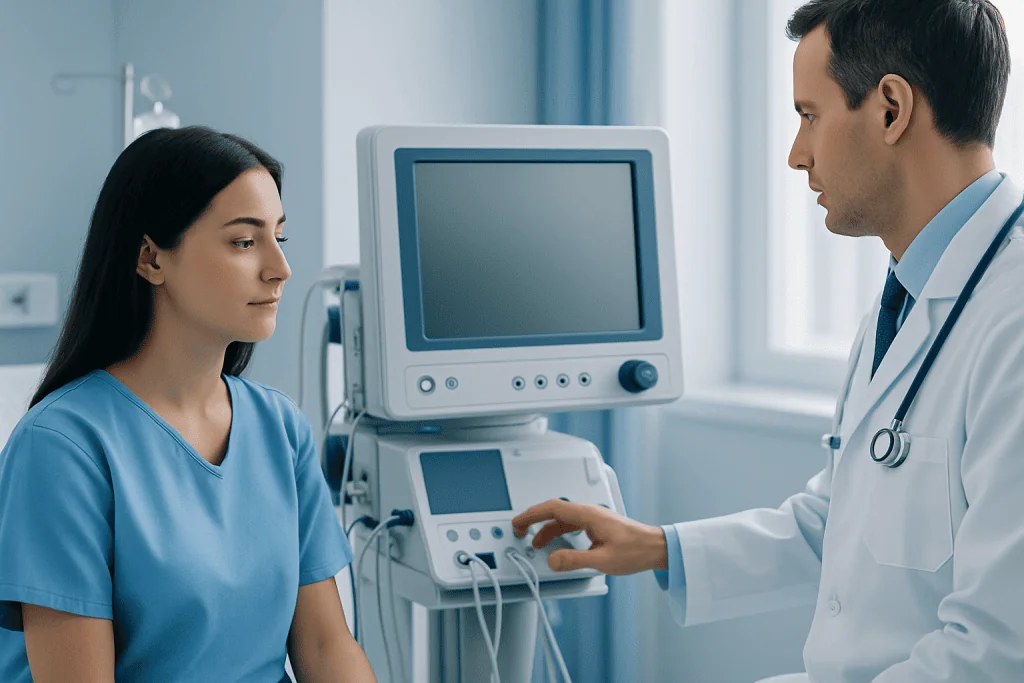 Doctor consulting with a patient in a hospital room with medical equipment.