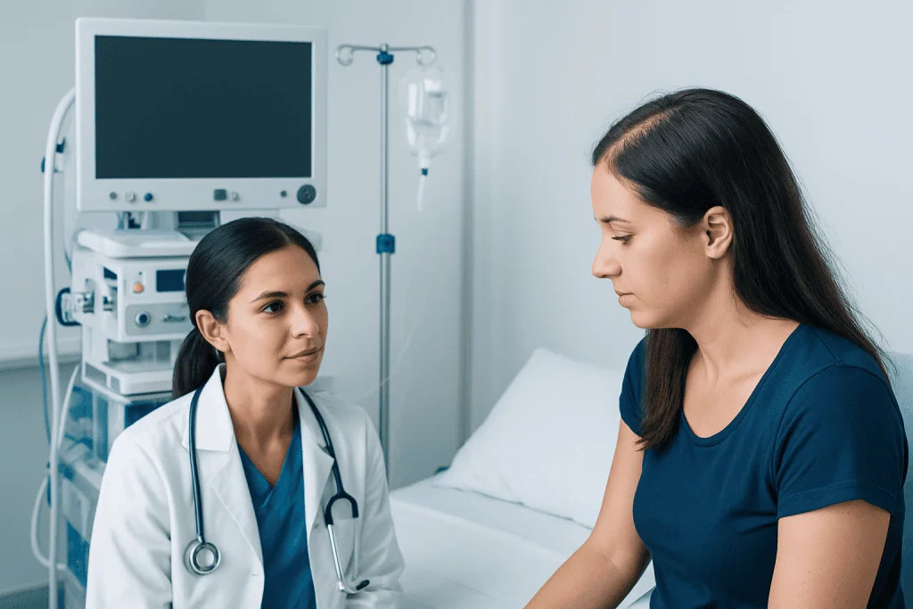 Doctor consulting patient in hospital room with medical equipment.