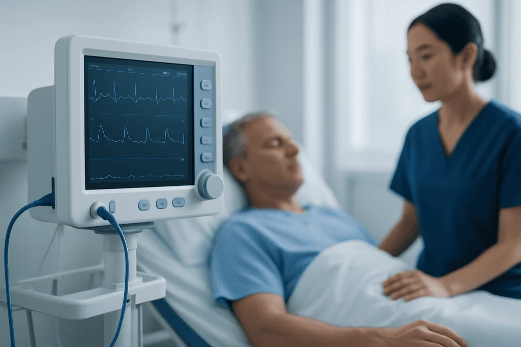 Patient undergoing cardiac monitoring in a hospital setting.