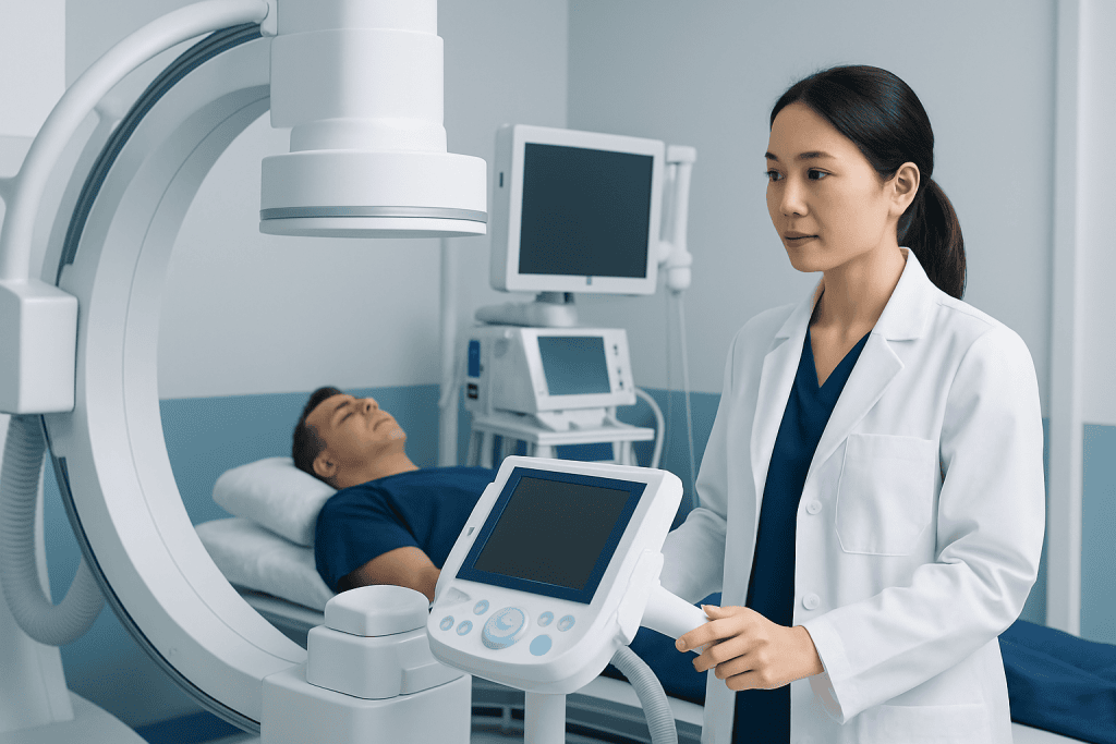 Medical professional operating imaging equipment in a hospital setting.