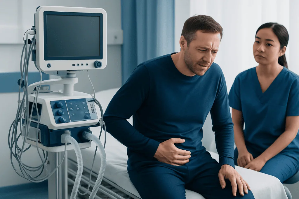 Patient experiencing abdominal pain during medical consultation at hospital.