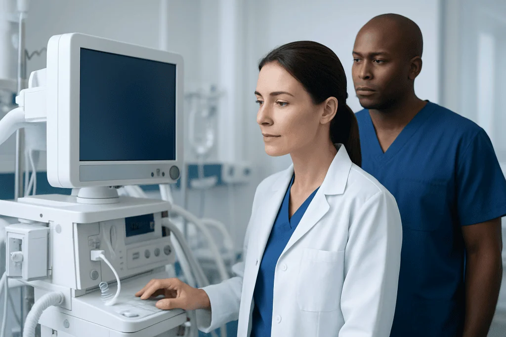 Medical professionals operating ultrasound equipment in a hospital setting.