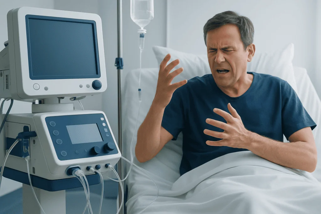 Man experiencing chest pain in hospital bed with medical equipment nearby.
