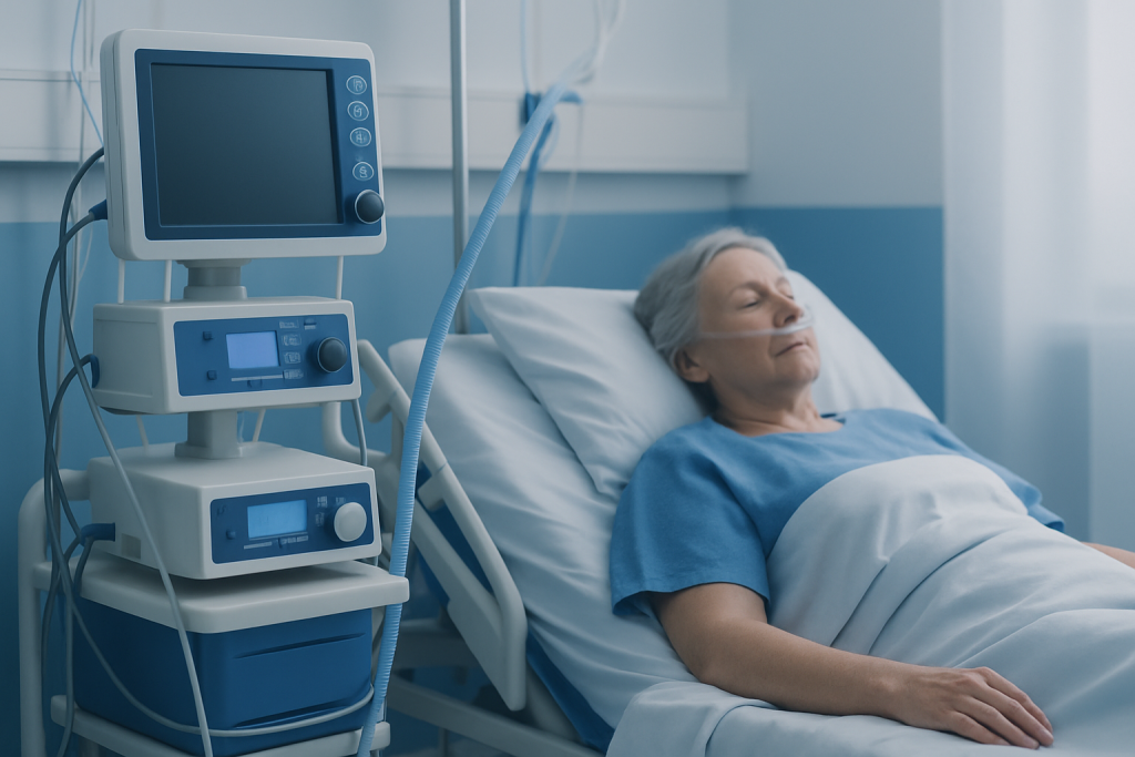 Elderly patient resting in hospital bed with medical equipment nearby.