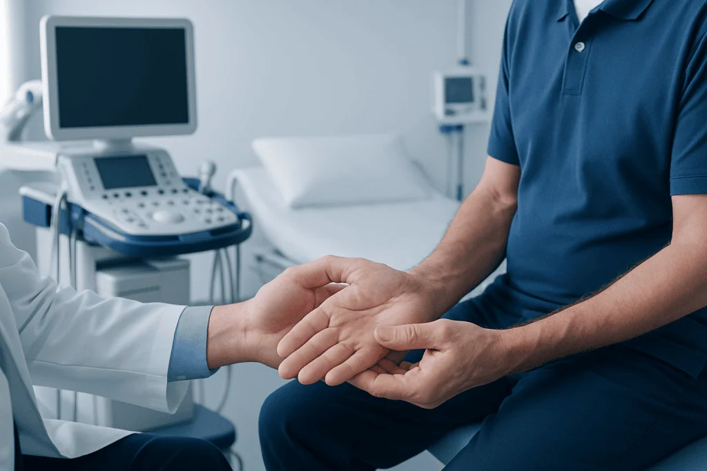 Doctor examining a patient's hand in a medical clinic setting.