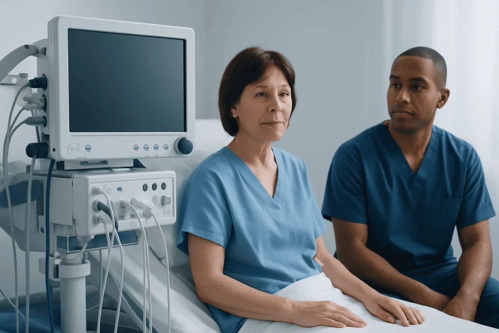 Medical consultation with a healthcare professional and patient in hospital room.