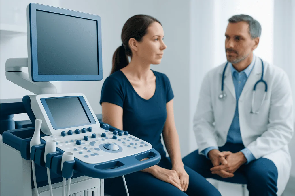 Doctor consulting a woman patient with ultrasound equipment in a medical office.