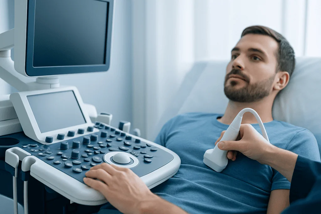 Male patient undergoing ultrasound examination at a hospital.