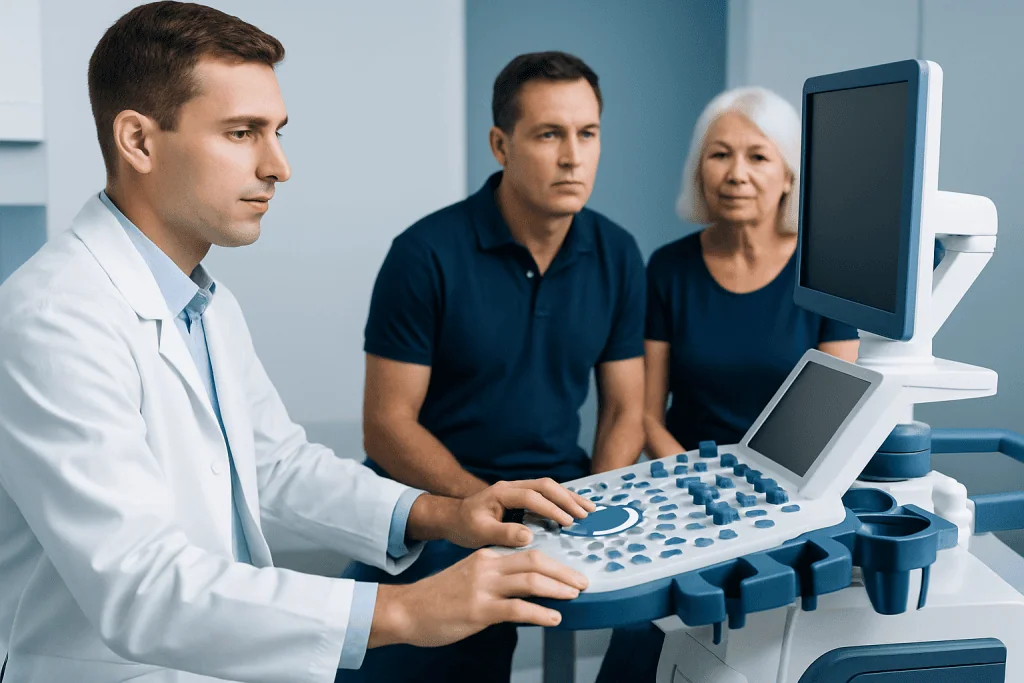 Medical professional performing an ultrasound exam on a patient.