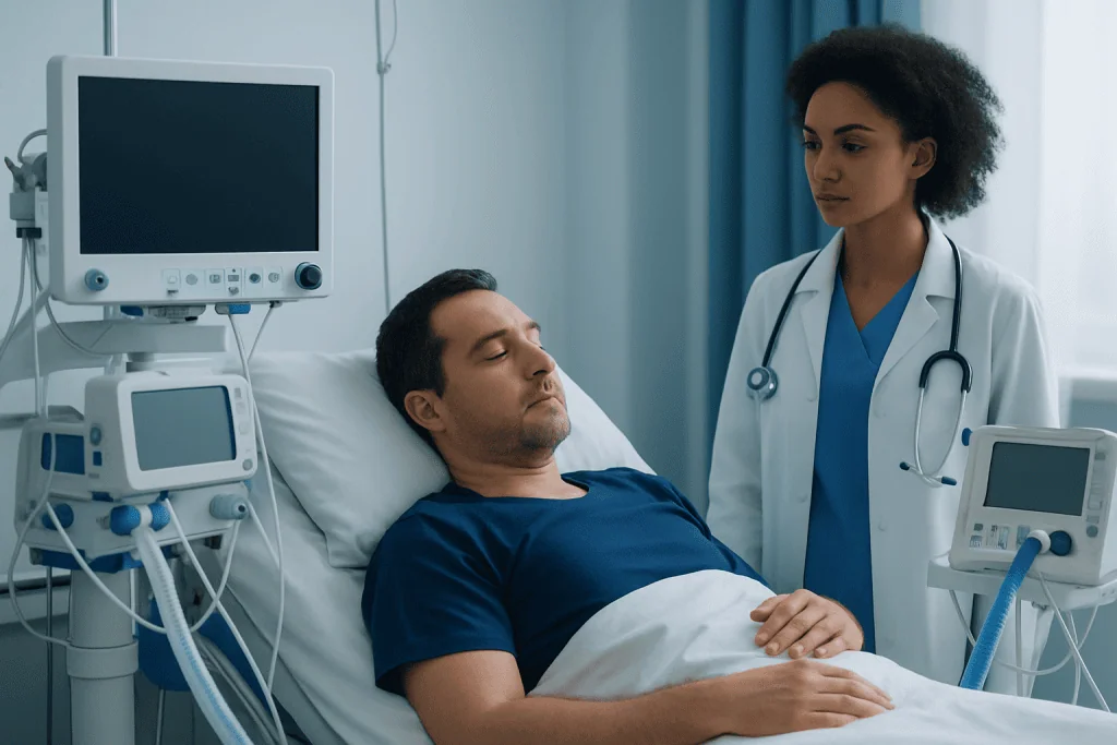 Patient in hospital bed with medical staff and monitoring equipment.