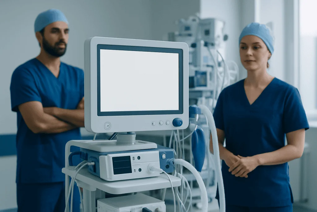 Medical professionals in a hospital operating room with advanced medical equipment.