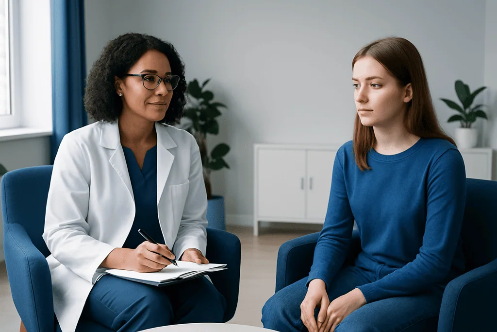 Therapist and patient in a counseling session at Acibadem Hospitals Group.