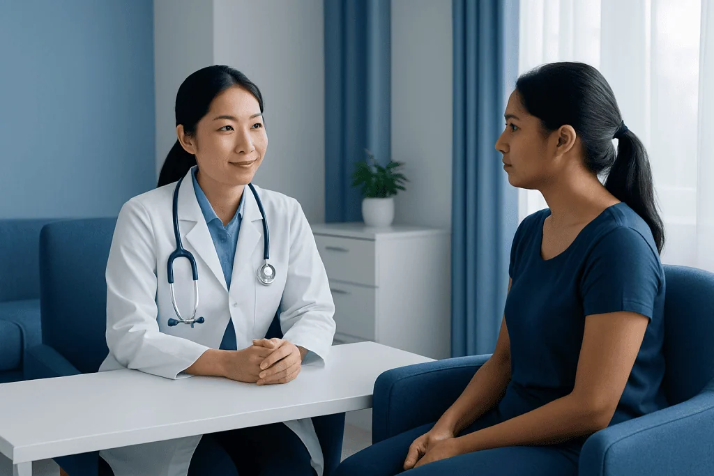 Doctor consulting with patient in a modern hospital room.